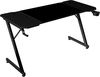 Mars Gaming MGD-X140, Gaming-Schreibtisch Ergonomisch, Oberfläche aus Karbonfaser, Metallrahmen, XXL-Mauspad, Kopfhörer- und Getränkehalterung, Kabelmanagement, Gaming-Tisch 140x60cm, Schwarz