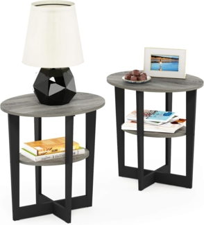 Furinno Jaya Oval Beistelltisch, Holz, French Oak Grey/Black, 2-Pack