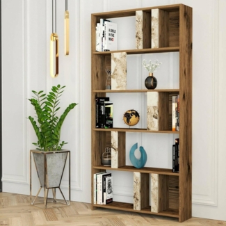 Dmora - Bücherregal Algieba, Büroregal, Mobiler Buchhalter, Bücherbrett, 90x20h180 cm, Nussbaum und Weißer Marmor