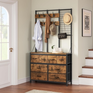 YITAHOME Garderobenständer, freistehender Flurbaum mit 8 Schubladen, industrielle Kleiderstange mit 8 Haken für Flur, Eingangsbereich, Schlafzimmer, Wohnzimmer, rustikales Braun