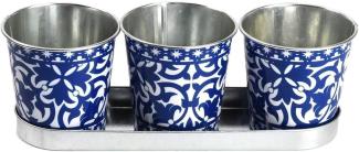 Esschert Design Portugiesisches 3er Topfset auf Tray, Blumentopf, Ø 7 x H12 cm, blau-weißes Design, Pflanzentopf