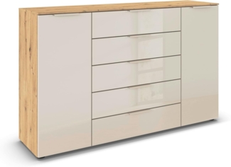 Rauch Möbel Flipp, Kommode für Schlafzimmer, Kinderzimmer, Wohnzimmer, Jugendzimmer, Flur, Garderobe, 2-türig, 5 Schubladen, mit Softclose-Funktion, Farbe Eiche Artisan, Holz/Glas Beige, Breite 160 cm