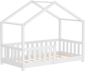 ML-DESIGN Spielbett Hausbett Kinderbett inkl. Lattenrost & Rausfallschutz Kinder Bodenbett, Abenteuerbett 70x140cm Haus Bett Himmelbett Kiefer Jugendbett Weiß