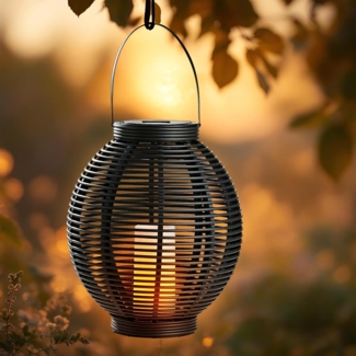Spetebo LED Solarleuchte XXL Solar Laterne mit LED Kerze warm weiß - 43 x 38 cm, Rattan Optik, LED fest integriert, warm weiß, mit Flacker-Effekt