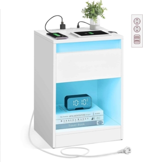 Vasagle Nachttisch mit einstellbarer LED-Beleuchtung, Beistelltisch mit Steckdosen, Schublade, 2 AC-Steckdosen, 2 USB-Anschlüsse, modern, für Schlafzimmer, Wohnzimmer, 35 x 40 x 55 cm, Wolkenweiß