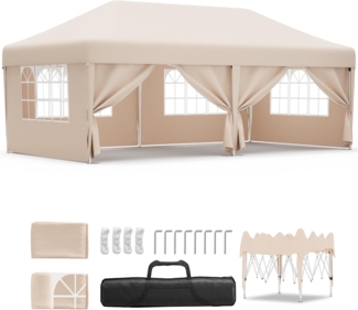 JUMMICO pavillon 3x6 Wasserdicht Stabil mit Seitenwänden Faltpavillon Partyzelt Gartenzelt mit UV Schutz 50+, Faltzelt für Garten, Beige