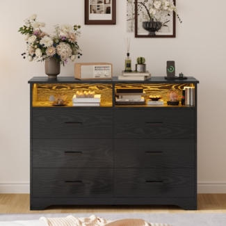 IRONCK Kommode Schwarz mit 6 Schubladen, Komodenschrank mit LED-Streifen und 2 Steckdosen, 1 USB+1 Typ-C-Anschlusse, Schubladenschrank für Schlafzimmer, Wohnzimmer, Arbeitszimmer Flur, 120cm Breite