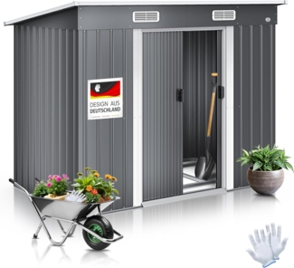 KESSER® - Gerätehaus L Metall 4 m³ mit Fundament | 210 x 122 x 186 cm | 2x Schiebetür & Fundament | Geräteschuppen | Gartenhaus Schrank | Pultdach Garten Schuppen | Inkl. Arbeitshandschuhe Grau
