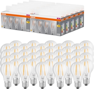 OSRAM LED BASE A60, Vorteilspack mit 40 Leuchtmittel, ersetzt herkömmliche 60W Glühbirnen, 6.5W, warmweiß (2700K), Filament Glas, nicht dimmbar, Birnenform, E27