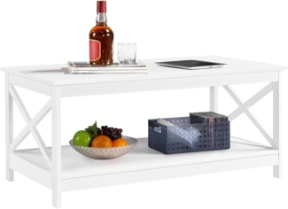 Yaheetech Couchtisch Kaffeetisch mit 2 Ablagen Sofatisch X-Form Stütze Wohnzimmertisch aus Holz Einfacher Aufbau Moderner Beistelltisch für Wohnzimmer/Balkon/Büro, 100 x 50 x 45 cm Weiß