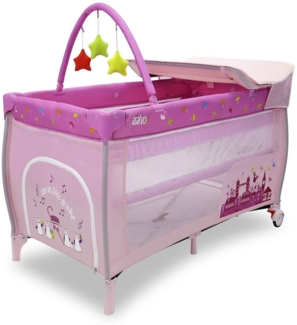 ASALVO Reisebett, 120x60 Mix Plus von 0 bis 15 kg/3 in 1 Babybett, Laufgitter und Wickelunterlage, faltbar, höhenverstellbar, inklusive Tragetasche, Rollen und Spielzeug, Rosa London