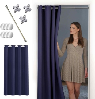 tinycurtains Türvorhang mit Stange silber 70-120 cm Thermo Vorhang ohne Bohren, blickdicht, Ösen, abdunkelnd, Polyester, dunkelblau Ocean, Türgardine mit Klemmstange Raumtrenner verdunkelnd