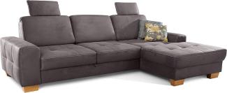 Cavadore Ecksofa Puccino mit Federkern, Bettfunktion, verstellbarer Rückenlehne und 2 Kopfstützen / Couch in L-Form im Landhausstil / 281 x 86 x 178 cm / Mikrofaser grau