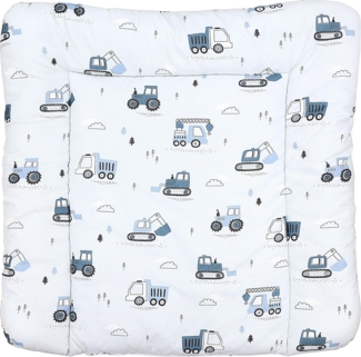 TupTam Baby Wickeltischauflage mit Baumwollbezug Gemustert, Farbe: Baufahrzeuge/Bagger/Blau/Hellgrau, Größe: 75x85 cm