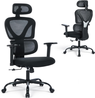 COLAMY Ergonomischer Bürostuhl – Bequemer Schreibtischstuhl mit 9,5 cm Sitzpolster, 3D-Armlehnen, Verstellbarer Kopfstütze, für Büro, Homeoffice & Studium, Schwarz