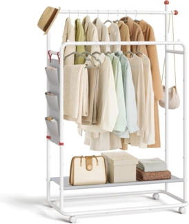 SONGMICS HOME Kleiderständer auf Rollen, Garderobenständer, 2 Kleiderstangen, Ablagefläche, seitlicher Organizer, Haken in Streichholz-Form, stabil, Schlafzimmer, Flur, mattweiß HSR171W01
