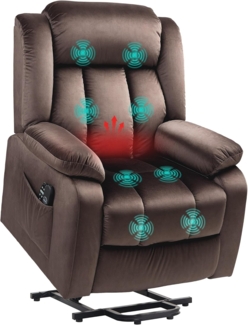 HOMCOM Massagesessel Fernsehsessel mit Aufstehhilfe, Liegefunktion, Heizfunktion (TV-Sessel, 1-St, Relaxsessel), mit Taschenfederkern, Seitentasche und Fernbedienung, Braun