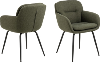 AC Design Furniture Liv Esszimmerstuhl mit Armlehne, Alea Stoff grün 61, Gestell matt schwarz rau pulverbeschichtet Stahl mit quersteppung und Reissverschluss