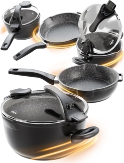STONELINE Topf-Set Kochgeschirr-Set, mit Siebglasdeckeln, induktionsgeeignet (8tlg, grau), Aluminiumguss (Kochgeschirr-Set, 8-tlg, Kochgeschirr-Set, 2x Kochtopf, 1x Stielkasserolle, 2x Bratpfanne), mit echten Steinpartikeln, induktionsgeeignet, Designe...
