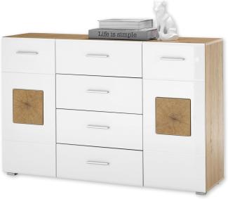 DEINE TANTE EMMA 36-191-T2 Georgia Artisan Eiche Nb. / Weiß Hochglanz Kommode Sideboard Beistellkommode mit Schubladen und 2 Türen ca. 140 x 92 x 40 cm