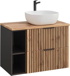 Waschtisch mit Regal und Aufsatzwaschbecken XANTEN-56 in anthrazit mit Eiche Nb. schwarz gerillt, B/H/T: ca. 80,6/74,2/46,5 cm