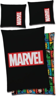 BERONAGE Jugendbettwäsche Marvel Logo Bettwäsche schwarz Linon / Renforcé, 2 teilig, 135x200 + 80x80 cm