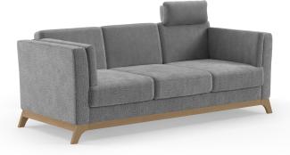 Cavadore 3er-Sofa Vida / 3-Sitzer Couch im trendigen Design mit massivem Holzrahmen in Eiche, Kopfstütze mit Kuschelkissen / 213 x 84 x 93 / Chenille, Grau