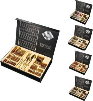 [Besteckset 24 tlg. [Gift Box] in verschiedenen Farben] glänzendes Edelstahlbesteck für. 6 Personen Messer, Gabel, Löffel Cutlery Set mit Geschenkbox Gold