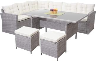 Poly-Rattan-Garnitur HWC-A29, Gartengarnitur Sitzgruppe Lounge-Esstisch-Set Sofa ~ hellgrau, Kissen creme + 2x Hocker