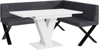 MEBLINI Eckbank für Esszimmer mit ausziehbarem Tisch - Küchenbank - Essecke - Sitzecke Küche - PETER - X-Beine 128x168x87cm Rechts - Dunkelgrau Samt/M Weiß Matt