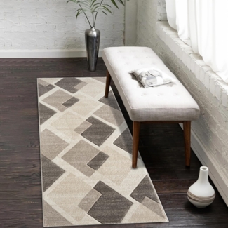 Teppich Läufer Kurzflor Beige Braun - 80x300cm - Boho Karo Muster Modern Skandinavisch Wohnteppich Schlafzimmer