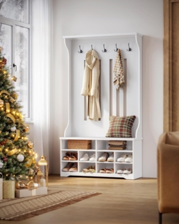 Vasagle Garderobenständer mit Schuhbank, 5 Dreifach-Haken, freistehend, platzsparend, verstellbare Regalebenen, Holzspanplatte, MDF, wolkenweiß, 35 x 100 x 180 cm