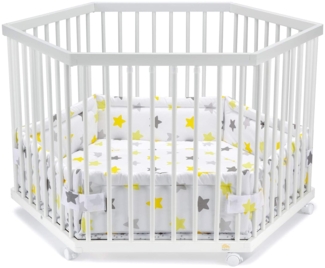 FabiMax Baby Laufgitter 6-eck Weiß lackiert, stufenlos höhenverstellbar, mit Schlupfsprossen, Laufstall aus massivem Buchenholz (Gelbe Sterne)