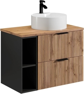 Vente-unique - Waschbeckenunterschrank hängend mit Ablagen & Aufsatzwaschbecken rund - Streifenoptik - Holzfarben hell - 80 cm - MADELA