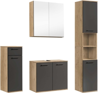 mokebo Badmöbel-Set Der Steuermann, (4-teilig), 4er-Set mit Unterschrank Spiegelschrank Eiche Schwarz