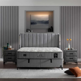 BAMBI YATAK Boxspringbett Set, Bambi Blacksand, Schlafzimmerbett, Funktionsbett, H4 (Hart) (1 x Matratze, 2 x Bettkasten, 1 x Bettkopfteil), Magnetischer Schwarzer Sand, Taschenfederkern, Matratzenhöhe: 32 cm