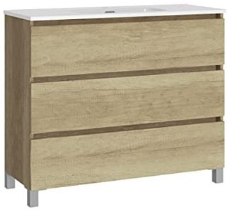 Baikal Badmöbel-Set LESI bestehend aus Möbel mit Füßen und Keramikwaschbecken, DREI Schubladen, Melamin 16 mm, montiertes Möbelstück, Tiefe 39 cm, 100 cm Nature