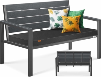KESSER® Gartenbank mit Kissen – Sitzbank Wetterfest 2-Sitzer Parkbank in Holzoptik Balkonbank für Garten Terrasse Balkon bis 300 kg belastbar UV-beständig inkl. abnehmbarem & waschbarem Polsterbezug Anthrazit / Anthrazit