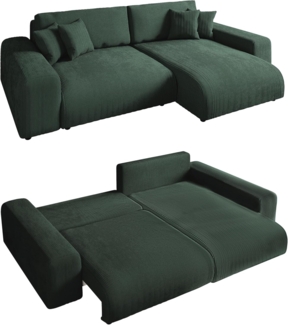 luma-home Ecksofa 21005, mit Schlaffunktion und Bettkasten 255x165 cm, Wellenunterfederung, Ottomane links oder rechts montierbar, Cord-Bezug Grün