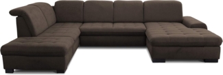 CAVADORE U-Form Lexi mit XXL-Longchair / Inkl. Bett, Bettkasten, Stauraum und Kopfteilfunktion / Leichte Fleckenentfernung dank Soft Clean / 329x82-99x224 / Flachgewebe: Braun
