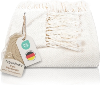 Gräfenstayn Tagesdecke mit Fransen aus 100% Baumwolle – Baumwolldecke mit Fischgrätenmuster, Wohndecke als Sofa-Überwurf, Bett-Überwurf, Couch-Überwurf, Sofa-Decke