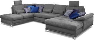 Cavadore Wohnlandschaft Castiel mit Federkern / Großes U-Form-Sofa mit Schlaffunktion, Sitztiefenverstellung und Kopfstützen / 368 x 114 x 232 / Webstoff, Grau