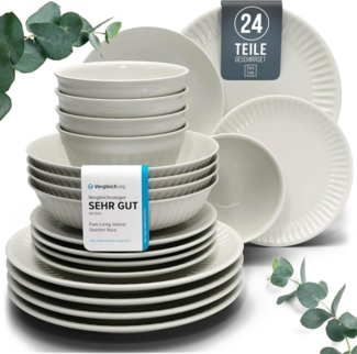 Steingut Geschirrset 6 Personen Hygge 24 tlg. TESTSIEGER, Traumhaftes Skandinavisches Steingut Geschirr Set, Schüssel- und Teller Set, Tafelservice 6 Personen, Geschirrsets Pure Living in Beige