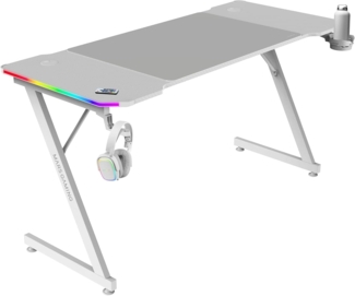 Mars Gaming MGD-X140RGB, Ergonomischer Gaming-Tisch, ARGB-Beleuchtung mit Fernbedienung, Carbonfaser, XXL-Mauspad, Kopfhörer und Getränkehalter, Kabelmanagement, Gaming-Schreibtisch 140x60 cm, Weiß