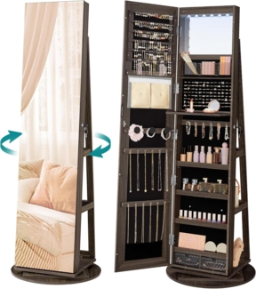 Songmics Schmuckschrank mit rahmenlosem Ganzkörperspiegel, 360° drehbar, abschließbar, Oberfläche aschbraun | Innenfutter schwarz, 162 x 54,5 x 54,5 cm