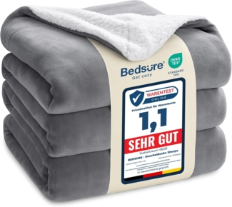 BEDSURE Decke Sofa Kuscheldecke Grau - warm Sherpa Sofaüberwurf Decke, Dicke Sofadecke Couchdecke, 230x270 cm Flauschige Wohndecke für Couch