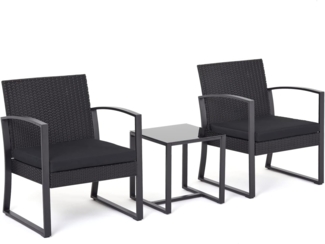 Mondeer Garden Furniture Rattan Gartenmöbel Set 3-teiliges, Flachrattan, Stahlrohr, gehärtetes Glas, Polyester, Schwarz, Chair: 59 x 53 x 73.5 cm