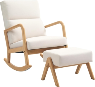 HOMCOM Schaukelsessel Schaukelstuhl mit Hocker, Leinenoptik, Holzbeine (Relaxsessel, 2-St, Schwingsessel), für Schlafzimmer, Wohnzimmer, bis 150 kg belastbar, Cremeweiß