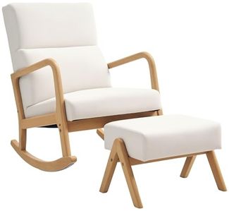 HOMCOM Schaukelsessel Schaukelstuhl mit Hocker, Leinenoptik, Holzbeine (Relaxsessel, 2-St, Schwingsessel), für Schlafzimmer, Wohnzimmer, bis 150 kg belastbar, Cremeweiß
