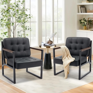 Mid Century Modern ohrensessel 2er Set, Bequeme Lounge Sessel, Brauner Leder Accent Chair, Kunstleder Empfangssessel mit Metallbeinen für Wohnzimmer Schlafzimmer Empfangsraum Wartezimmer, Schwarz